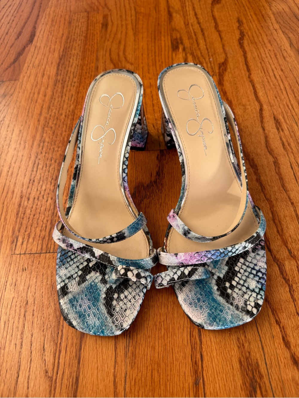 Jessica Simpson Teal & Pink Snake-Print Strappy Block Heels